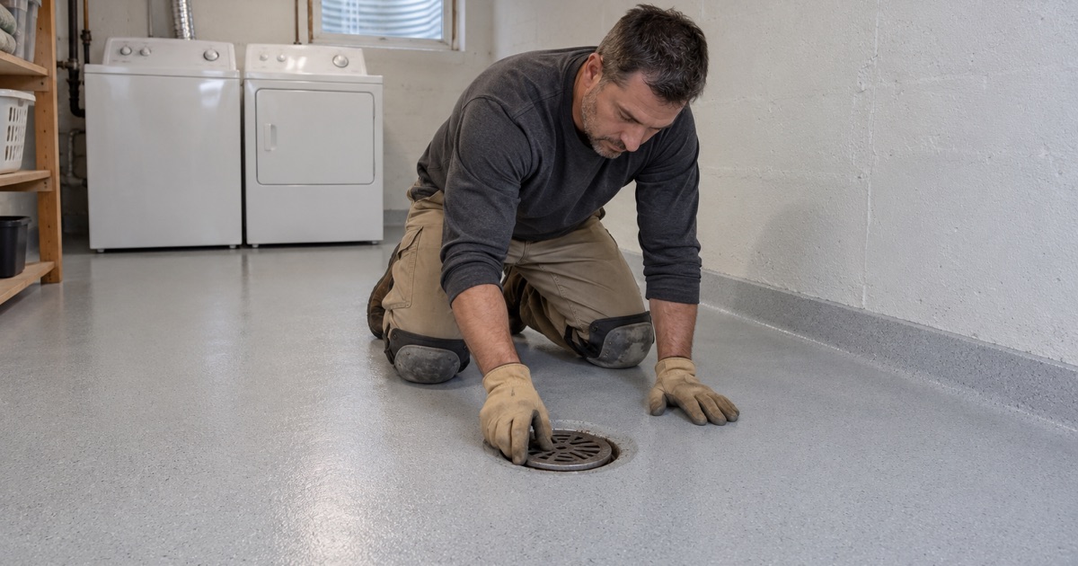 A light gray epoxy basement floor finished down to the drain in a Hoffman Estates split-level, the grate being set back.