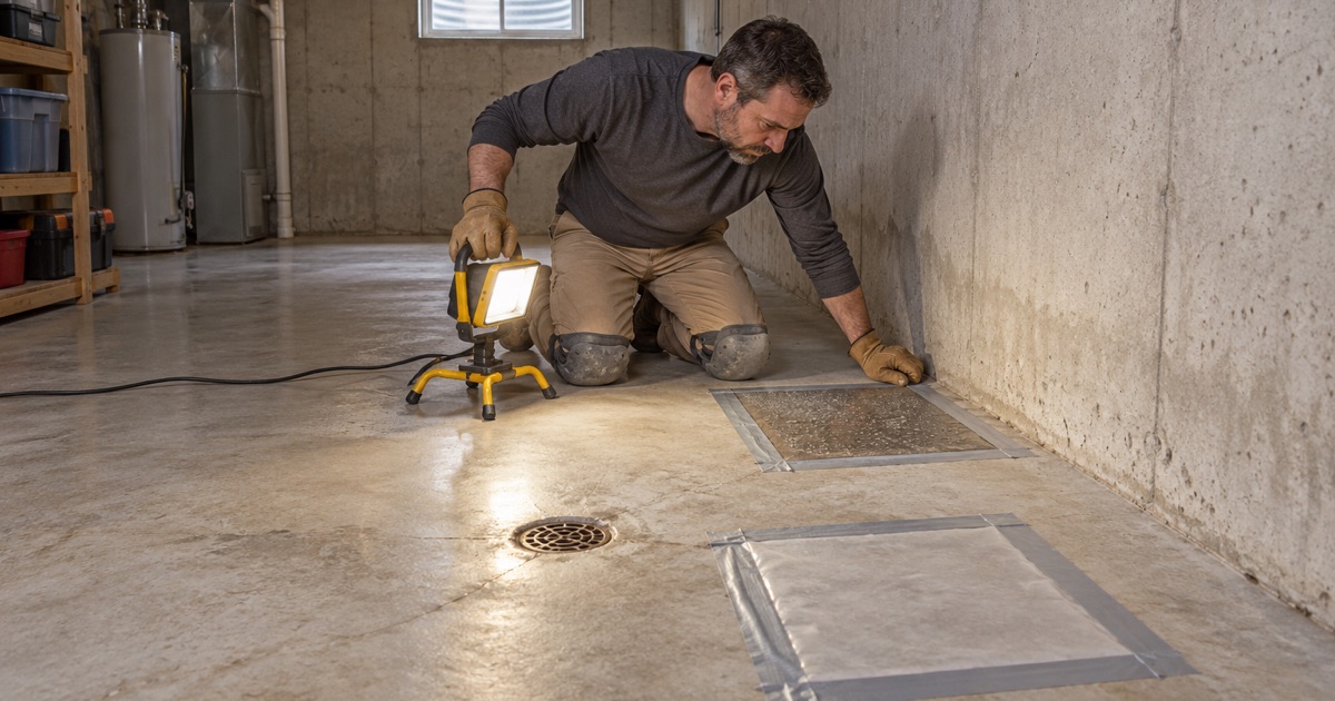 Two plastic sheet moisture tests taped to a Hoffman Estates basement slab near the floor drain, one darkened underneath.