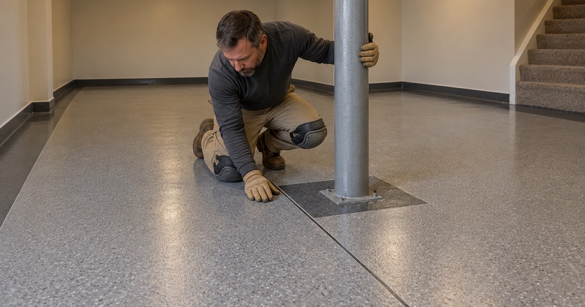 A charcoal border separated from a gray quartz field by a crisp saw-cut line, wrapped around a steel column in a Hoffman Estates basement.