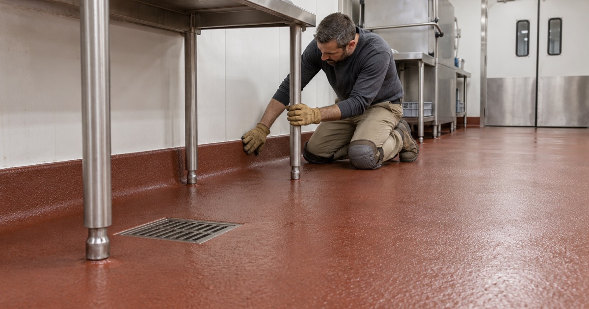 A red-brown urethane cement floor coved up the wall beneath a hotel dish station in Hoffman Estates, sloping to a floor drain.