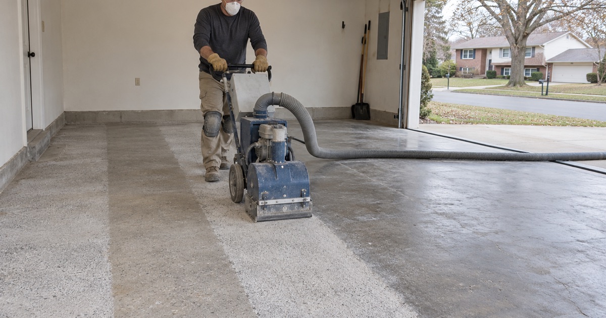 A walk-behind shot blaster opening up a Hoffman Estates garage slab, the cleaned lane pale beside the old sealed concrete.
