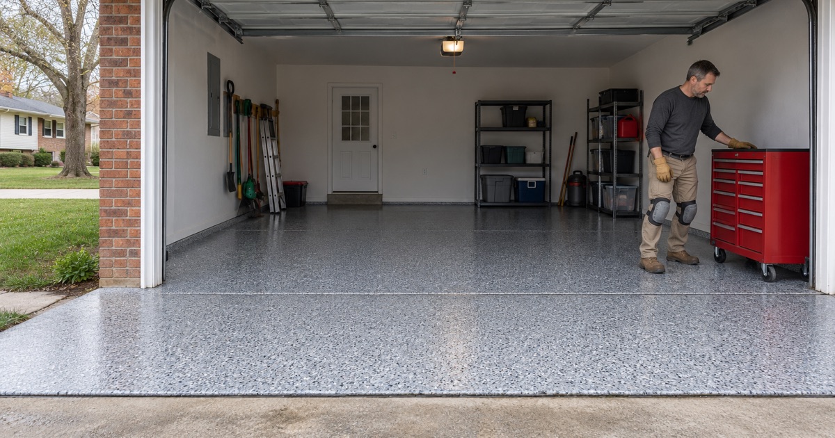 A finished gray and blue flake floor in the attached garage of a 1970s Hoffman Estates ranch, the door raised to the driveway.