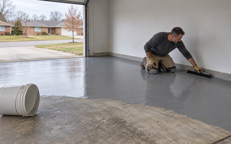 A gray epoxy body coat spread across a ground garage slab in a Hoffman Estates ranch, worked into the wall junction by hand.