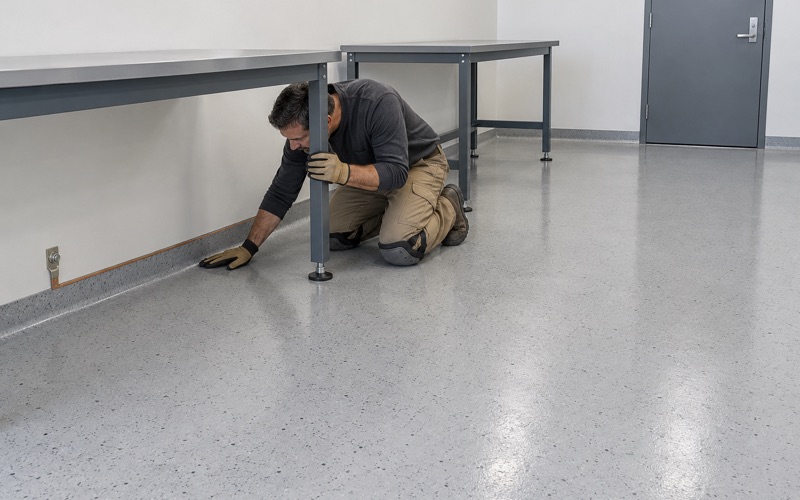 A static-dissipative floor tied to its copper grounding strip under electronics benches in a Hoffman Estates assembly room.