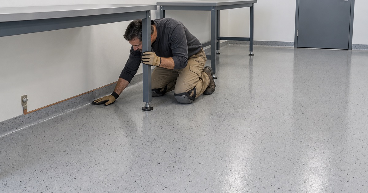 A static-dissipative floor tied to its copper grounding strip under electronics benches in a Hoffman Estates assembly room.