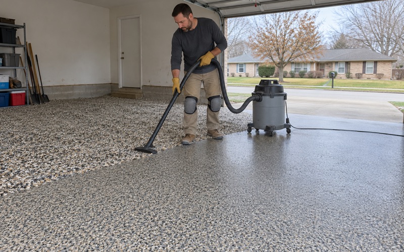 Loose excess flake being cleared from a fully broadcast Hoffman Estates garage floor before the clear topcoat goes on.