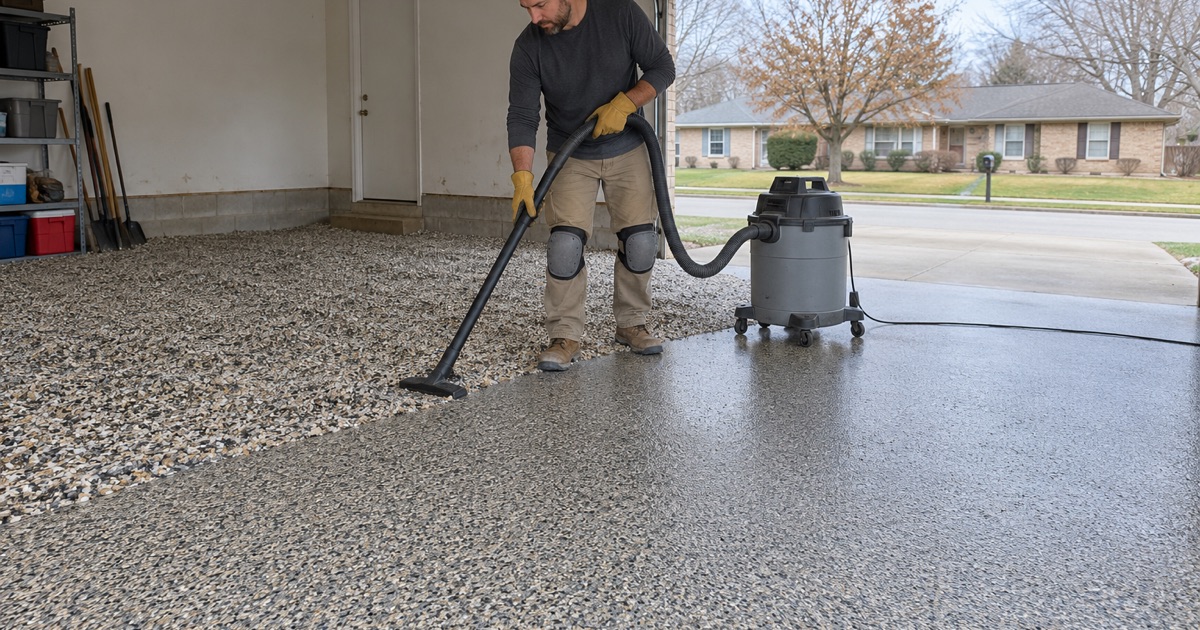 Loose excess flake being cleared from a fully broadcast Hoffman Estates garage floor before the clear topcoat goes on.