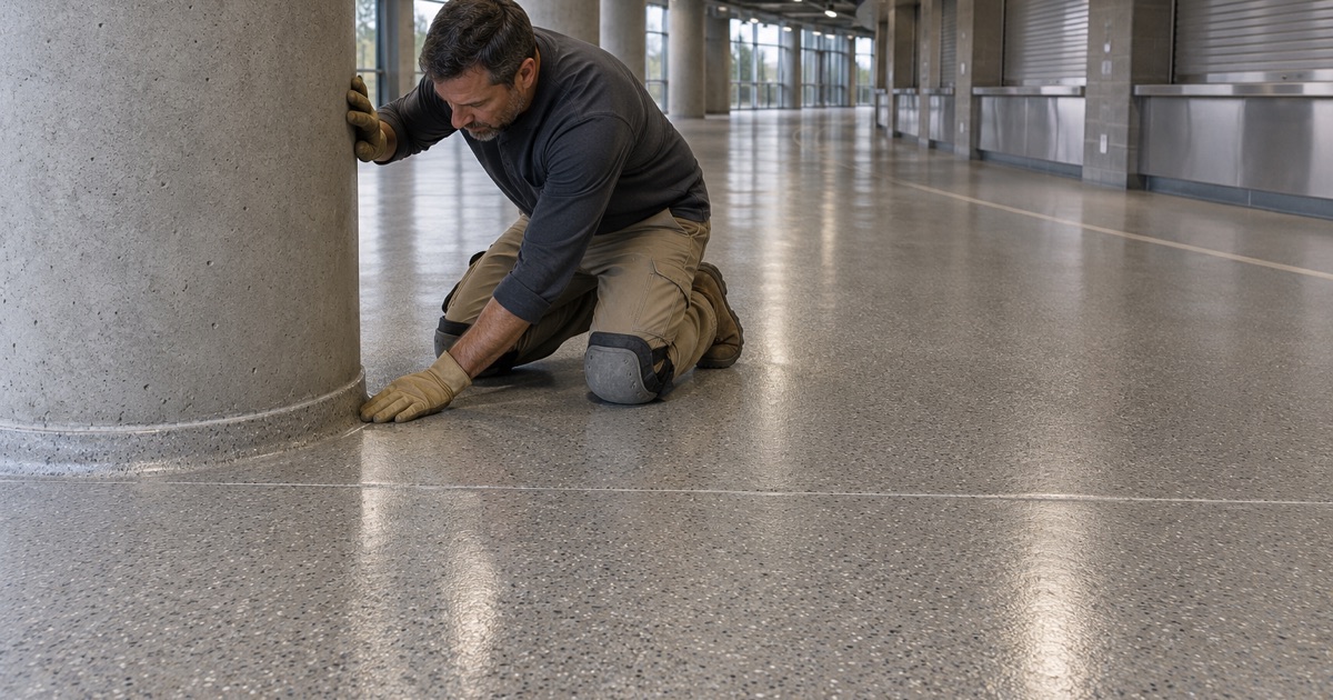 A speckled epoxy concourse floor in a Hoffman Estates arena on an off day, finished around the base of a round concrete column.
