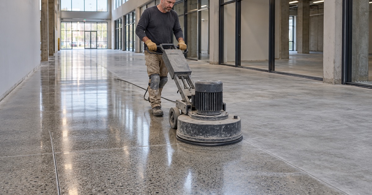 A walk-behind polisher burnishing the concrete floor of a converted office atrium in Hoffman Estates to a deep sheen.