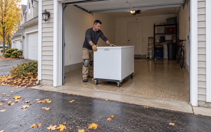 A chest freezer rolled back onto a fresh polyaspartic flake floor the day after coating in a Hoffman Estates townhome garage.
