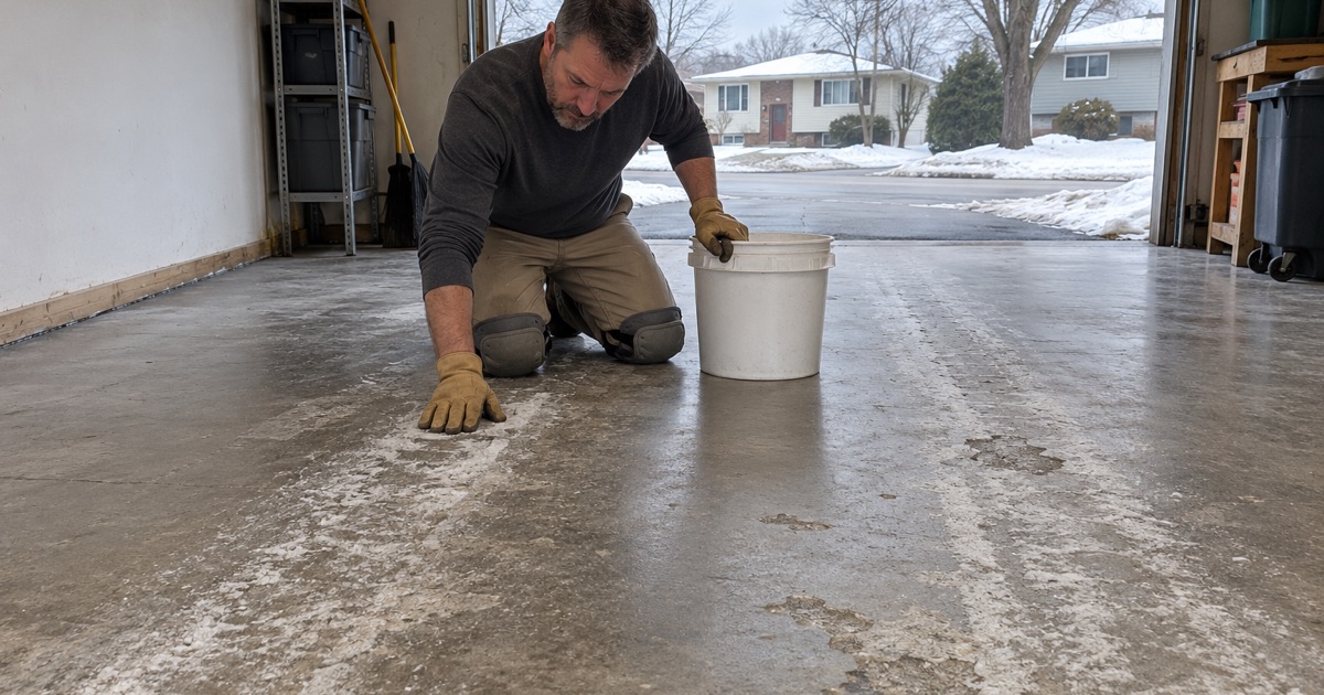 White road-salt tide marks in the tire paths of a bare Hoffman Estates garage slab in late winter, before grinding.